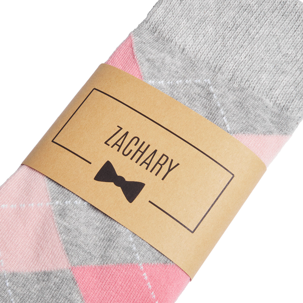 
                  
                    Pink & Grey Argyle Groomsmen Socks with Personalized Label
                  
                