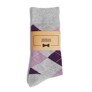 
                  
                    Purple & Grey Argyle Groomsmen Socks with Personalized Label
                  
                