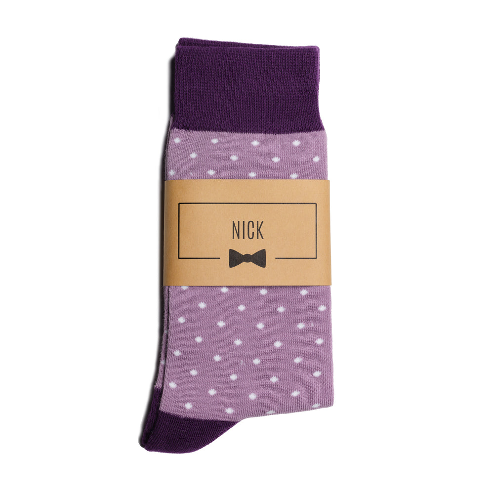 
                  
                    Purple Polka Dot Dress Socks with Personalized Labels for Groomsmen Gifts
                  
                