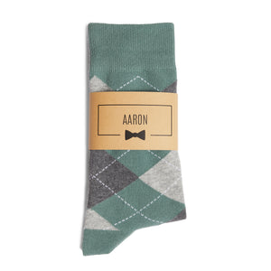 
                  
                    Sage Green & Grey Argyle Groomsmen Socks with Personalized Label
                  
                