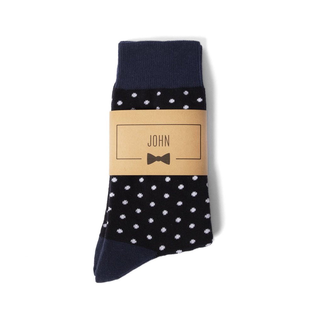 Navy Polka Dot Groomsmen Socks with Personalized Labels by Groomsman Gear