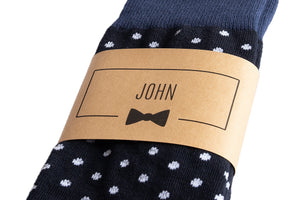 
                  
                    Navy Polka Dot Groomsmen Socks with Personalized Labels by Groomsman Gear
                  
                